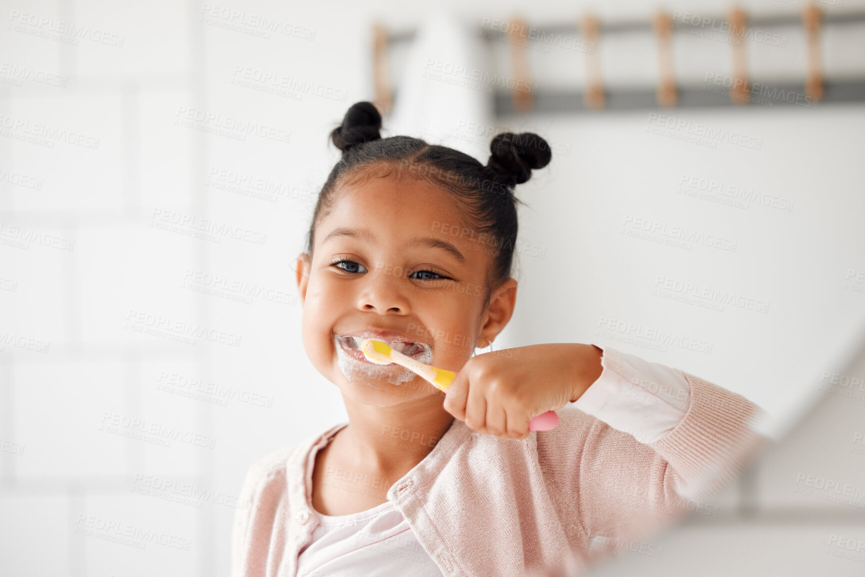 Buy stock photo Toothbrush, brushing teeth and child in a home bathroom for dental health and wellness. Face of african girl kid cleaning mouth with a brush in a mirror for morning routine and oral self care