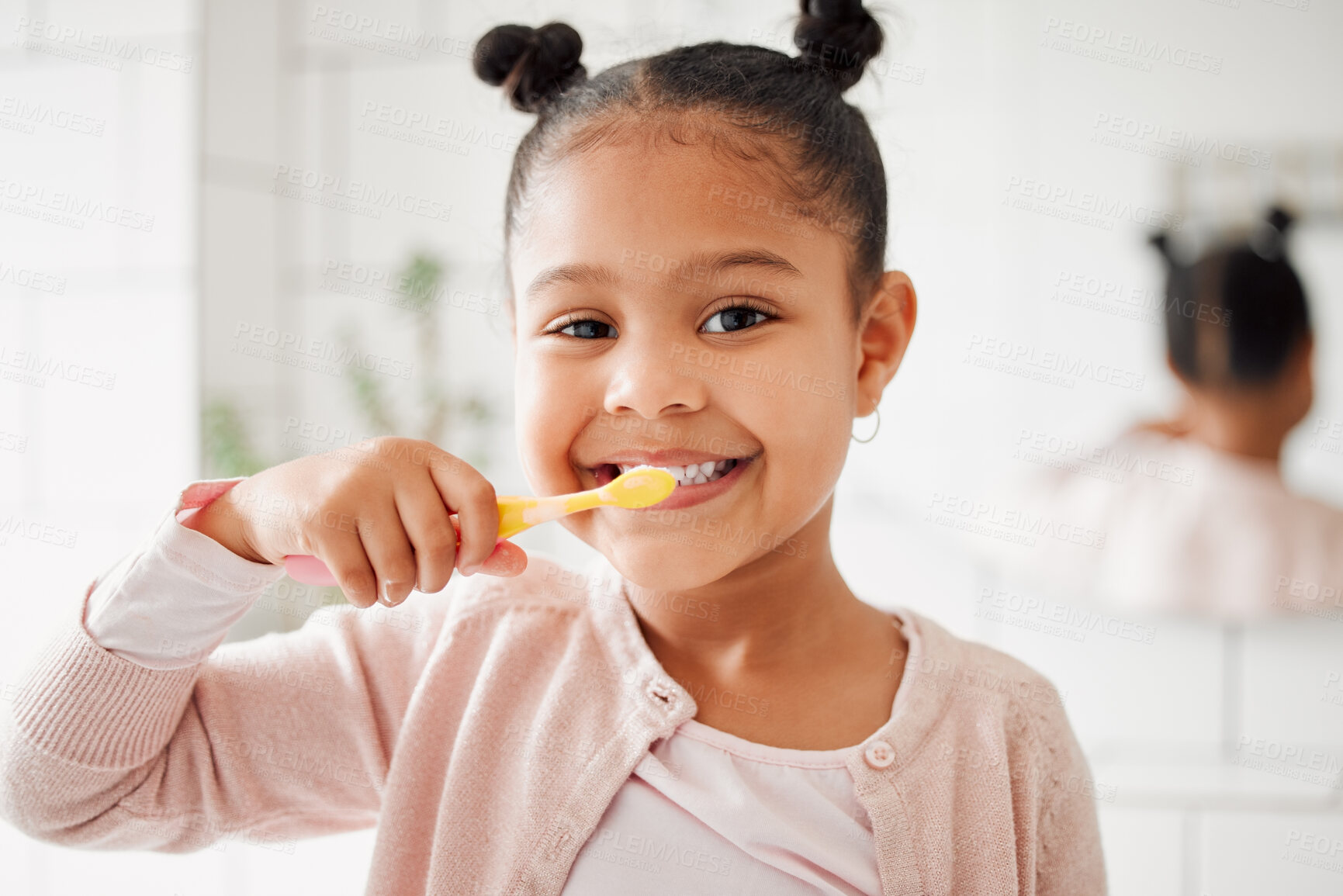 Buy stock photo Child, toothbrush and brushing teeth in a home bathroom for dental health and wellness with smile. Face portrait of african girl kid cleaning mouth with a brush for morning routine and oral self care