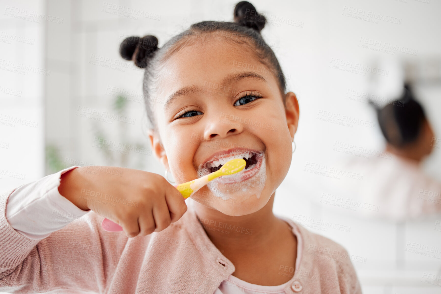 Buy stock photo Toothbrush, brushing teeth and face of a child in a home bathroom for dental health and wellness. Smile portrait of african girl kid cleaning mouth with a brush for morning routine and oral self care