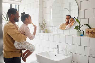 Buy stock photo Brushing teeth, father and child in home bathroom for dental health and cleaning in mirror. African man, girl kid or learning to clean mouth with toothbrush for morning fun, oral hygiene or self care