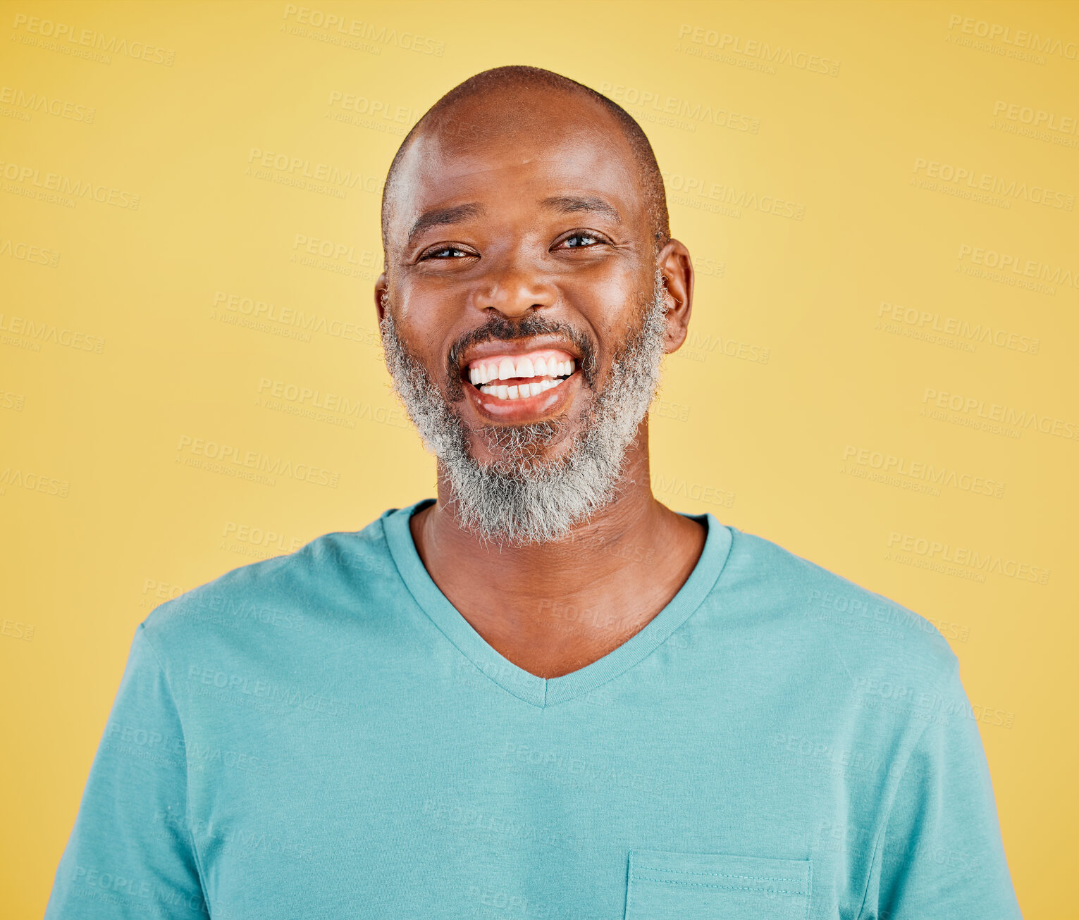 Buy stock photo Mature african man, laugh and studio portrait with happiness, comic and funny by yellow background. Senior model, happy and smile with excited face, fashion and t-shirt with confidence by backdrop