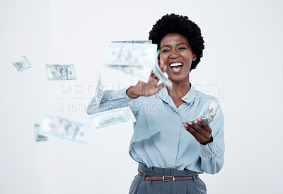 Buy stock photo Spending money, celebrating finance and investment growth or savings, wealth and budget development. Portrait of excited and motivated woman throwing bank cash, notes and currency after lottery win