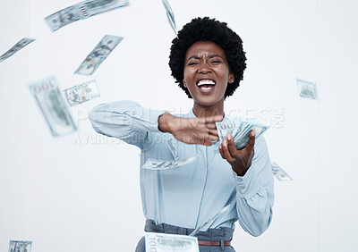 Buy stock photo Rich, throwing money and woman with cash win in studio for investment, savings or wealth. Excited black person with bank notes in air for competition award, financial freedom or lottery bonus prize