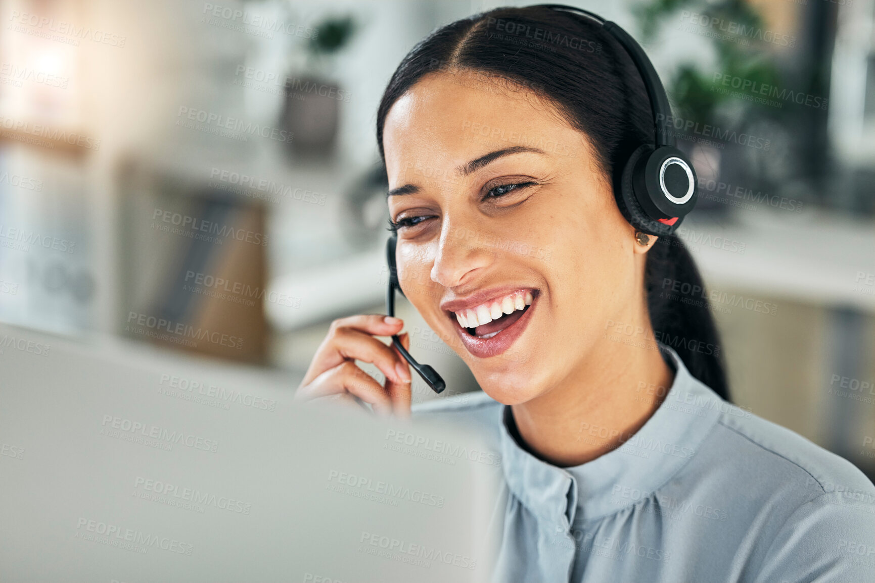Buy stock photo Call center, face and a happy woman with a microphone at computer for customer service or sales. Smile of a person talking at a pc with a headset as telemarketing, crm support or help desk consultant