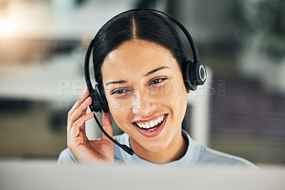 Buy stock photo Happy woman, call center and face with a headset at computer for customer service or sales. Smile of a consultant person talking at a pc with a microphone for telemarketing, crm or help desk support