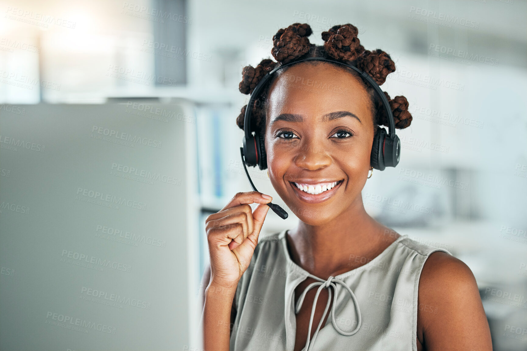 Buy stock photo Black woman, call center and a face with a headset at computer for customer service or sales. Smile of african person at a pc with a microphone as telemarketing, crm support or help desk consultant