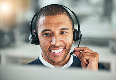 Buy stock photo Face, call center and a man with a headset at computer for customer service or sales. Smile of african person at a pc and talking on microphone as telemarketing, crm support or help desk consultant