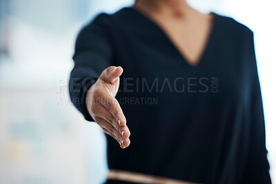 Buy stock photo Hand, woman and professional handshake in business, meeting or welcome to interview, negotiation or teamwork.  Businesswoman, gesture and shaking hands for partnership, deal agreement or promotion