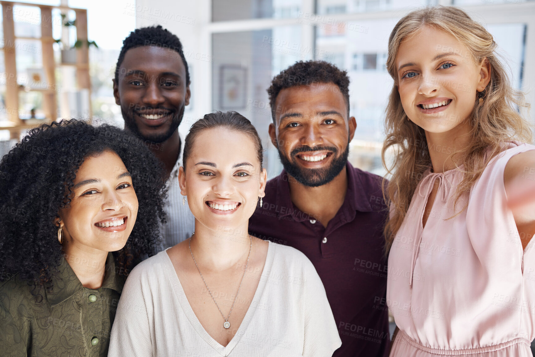 Buy stock photo Business people, diversity and corporate friends in selfie, happy in portrait with team, solidarity and motivation. About us, professional group of men and women in the office with smile in picture
