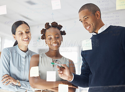 Buy stock photo Teamwork, writing and business people on glass board for collaboration, project schedule and management or solution. Sticky notes, planning and African women, man or team, creative ideas and meeting