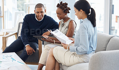 Buy stock photo Documents, tablet and business people in meeting for financial review, budget report or b2b planning. African women, man or accountant team on digital tech, paperwork and finance research or analysis
