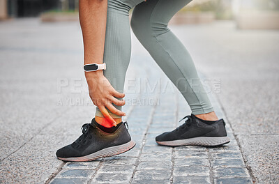 Buy stock photo Closeup of an unrecognizable athlete suffering an injury to the ankle. Woman feeling pain and stiffness in her leg while excreting outside. Arthritis is a symptom that causes bad pain and discomfort 