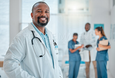Buy stock photo Happy, doctor and portrait of black man in hospital for medical help, insurance and trust. Healthcare, clinic team and face of professional male health worker smile for service, consulting and care