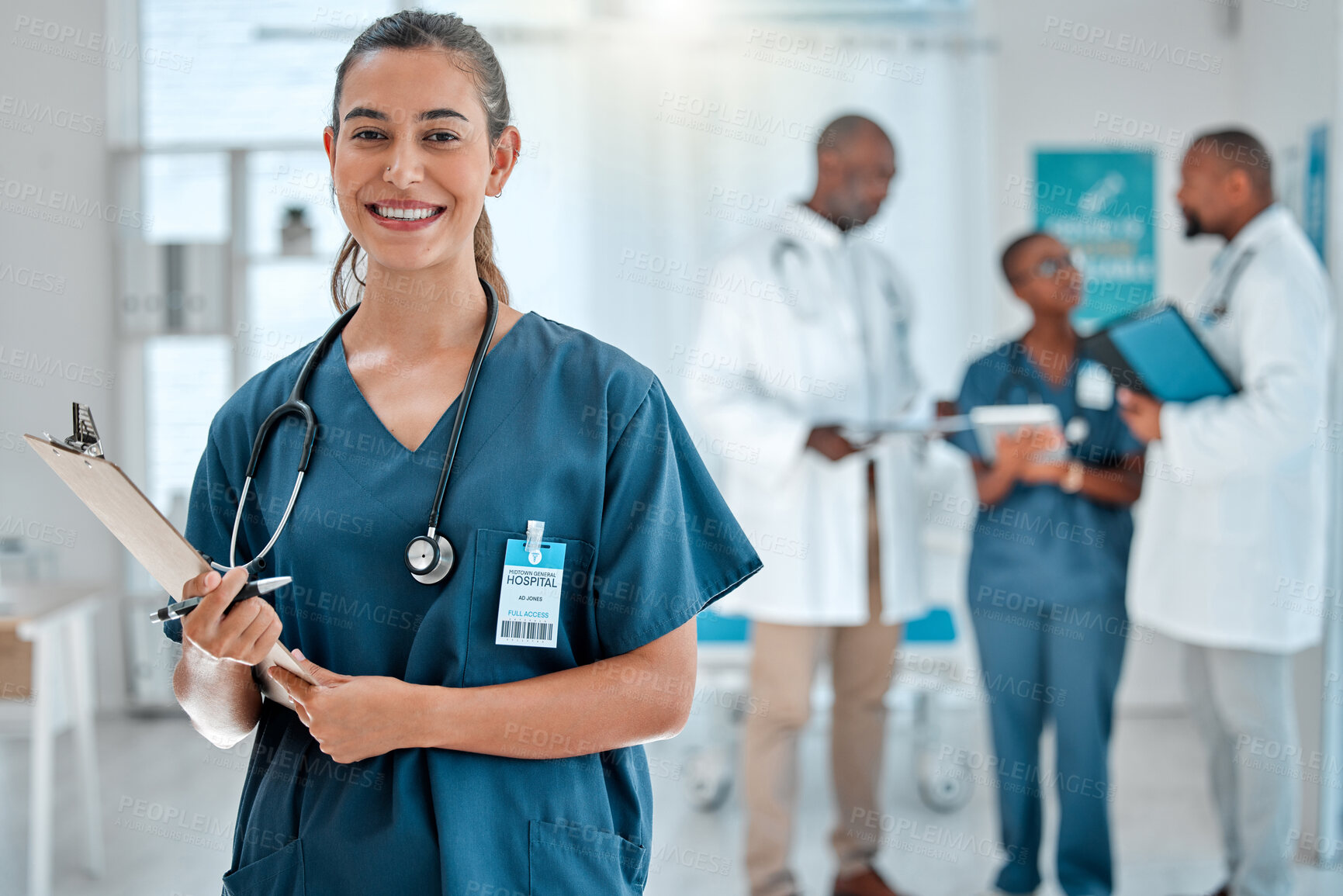 Buy stock photo Healthcare, doctor and portrait of woman with clipboard for medical report, results and wellness. Hospital, clinic team and face of female health worker smile for service, consulting and insurance