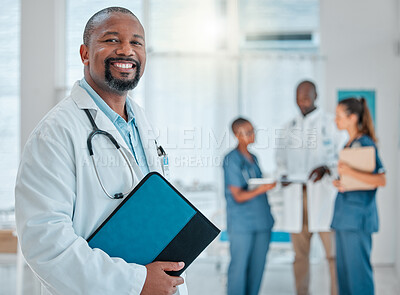 Buy stock photo Healthcare, doctor and portrait of black man with file for medical report, results and wellness. Hospital manager, clinic and face of male worker smile for service, consulting and insurance document