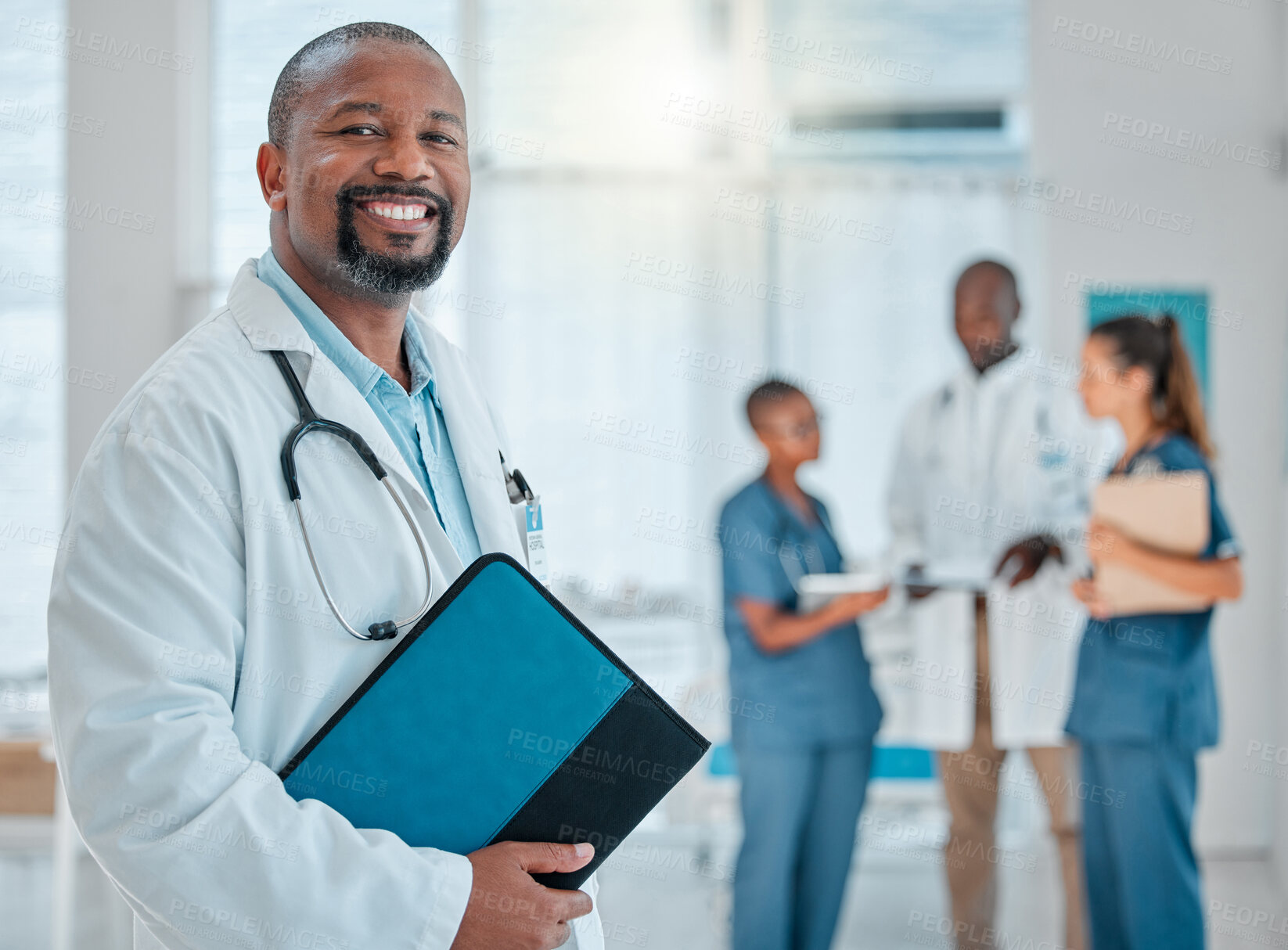 Buy stock photo Healthcare, doctor and portrait of black man with file for medical report, results and wellness. Hospital manager, clinic and face of male worker smile for service, consulting and insurance document