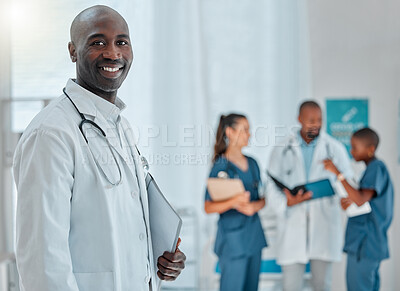 Buy stock photo Hospital, doctor and portrait of black man with smile for medical care, wellness and support. Healthcare, clinic teamwork and face of happy male health worker for service, consulting and insurance