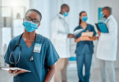 Buy stock photo Healthcare, doctor and portrait of black woman with tablet for medical report, results and research. Hospital, clinic team and face of female health worker for online service, consulting and internet