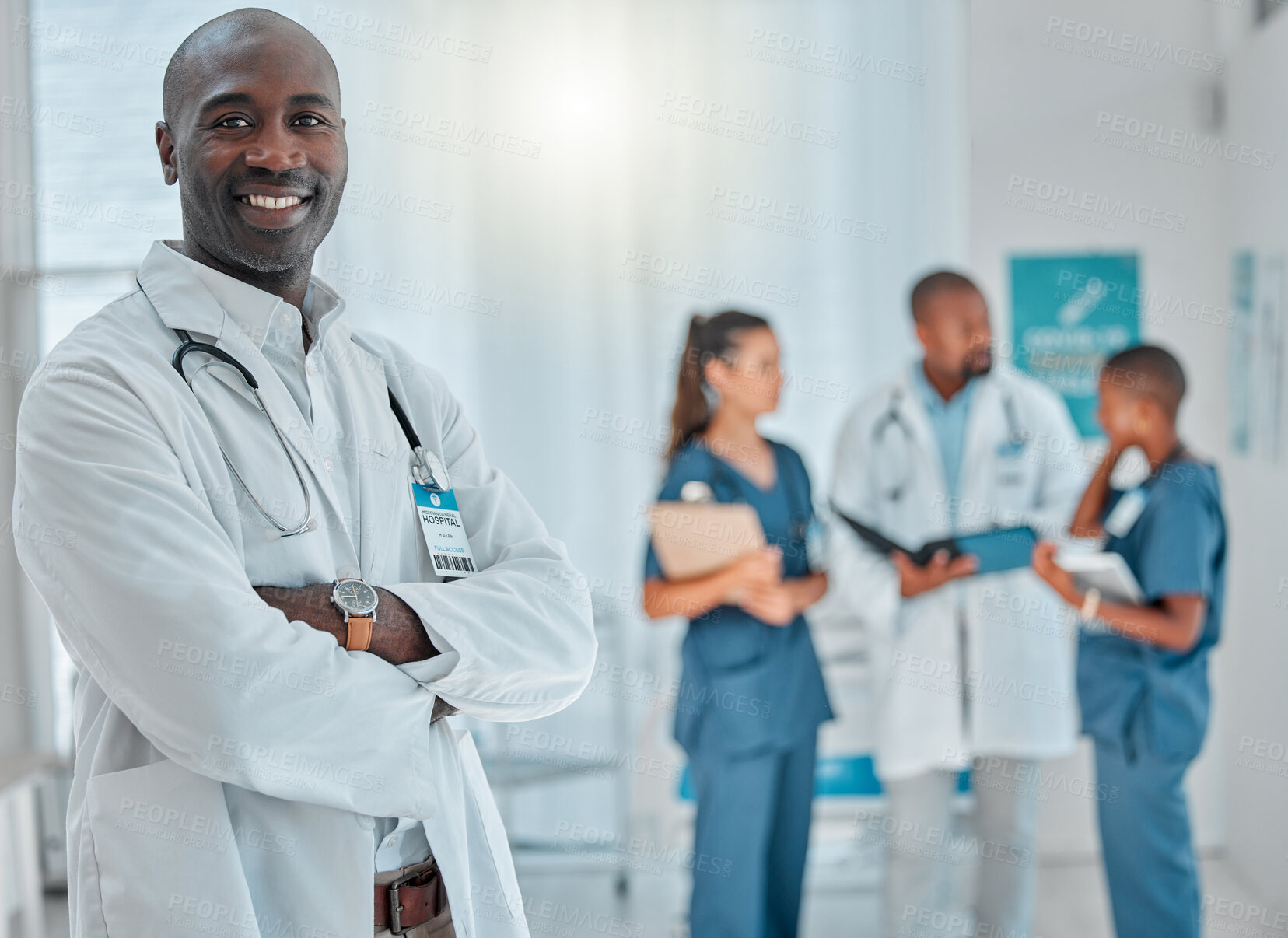 Buy stock photo Happy, doctor and portrait of black man with crossed arms for medical help, insurance and trust. Healthcare, hospital team and face of professional male health worker for service, consulting and care