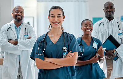 Buy stock photo Teamwork, happy and portrait of doctors with crossed arms for medical care, wellness and support. Healthcare, hospital and men and women health workers for cardiology service, consulting or insurance