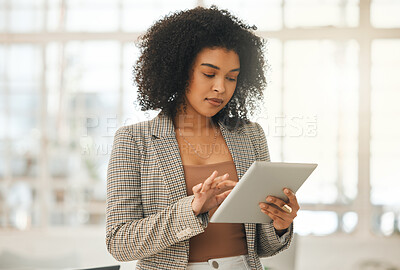 Buy stock photo Online, tablet and business woman in office for social media, internet and networking. Digital, communication and creative with female employee for project management, website and technology