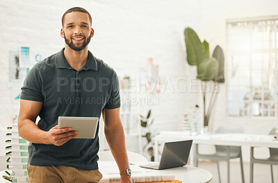 Buy stock photo Architecture, tablet and portrait of man in office for engineering, internet and buildings. Digital, construction and creative with male designer for project management, website and technology