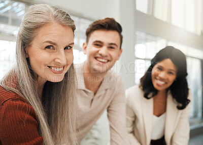 Buy stock photo Portrait of diverse businesspeople. Group of colleagues smiling in an office. Coworkers working together. Professional entrepreneurs working in an architecture agency. Happy businesspeople in  meeting