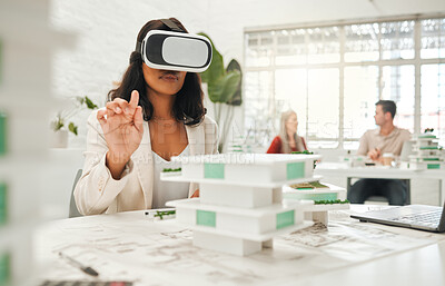 Buy stock photo African american architect using ai headset.businesswoman playing a game on a VR headset. Designer using game gadget to watch architecture videos. Businesswoman watching a simulation in VR goggles