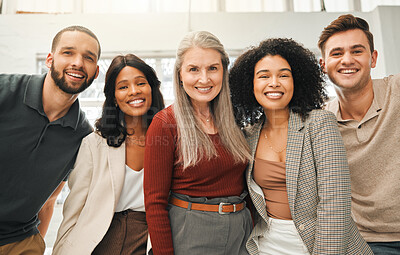 Buy stock photo Portrait of businesspeople together. Diverse, smiling businesspeople together. Boss posing with her staff. Group of happy architects together. Happy group of engineers together in their office