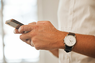 Buy stock photo Hands of a businessman using a smartphone. Closeup of businessman using a cellphone to text. Architect using a mobile phone to look online. Corporate creative using a smartphone to send a message
