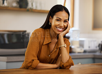 Buy stock photo Smile, happy and portrait of woman in kitchen in home for relaxing, happiness and resting on counter. House, joy and face of Hispanic female with confidence, ready for cooking and calm on weekend