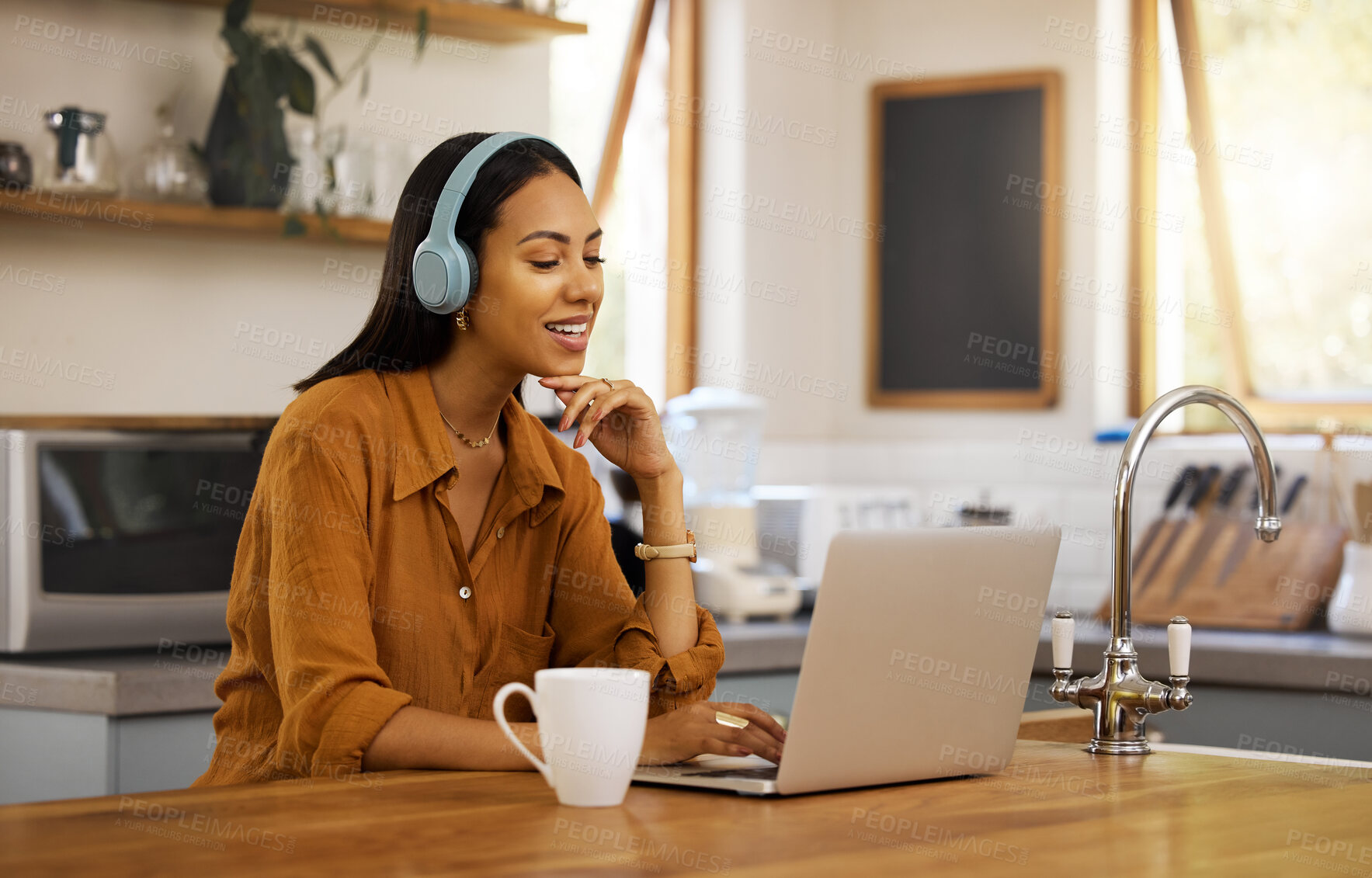 Buy stock photo Video call, remote work and woman in kitchen on laptop for virtual meeting, strategy and planning at home. Freelancer, business and girl with headphones for seminar, working online and conversation