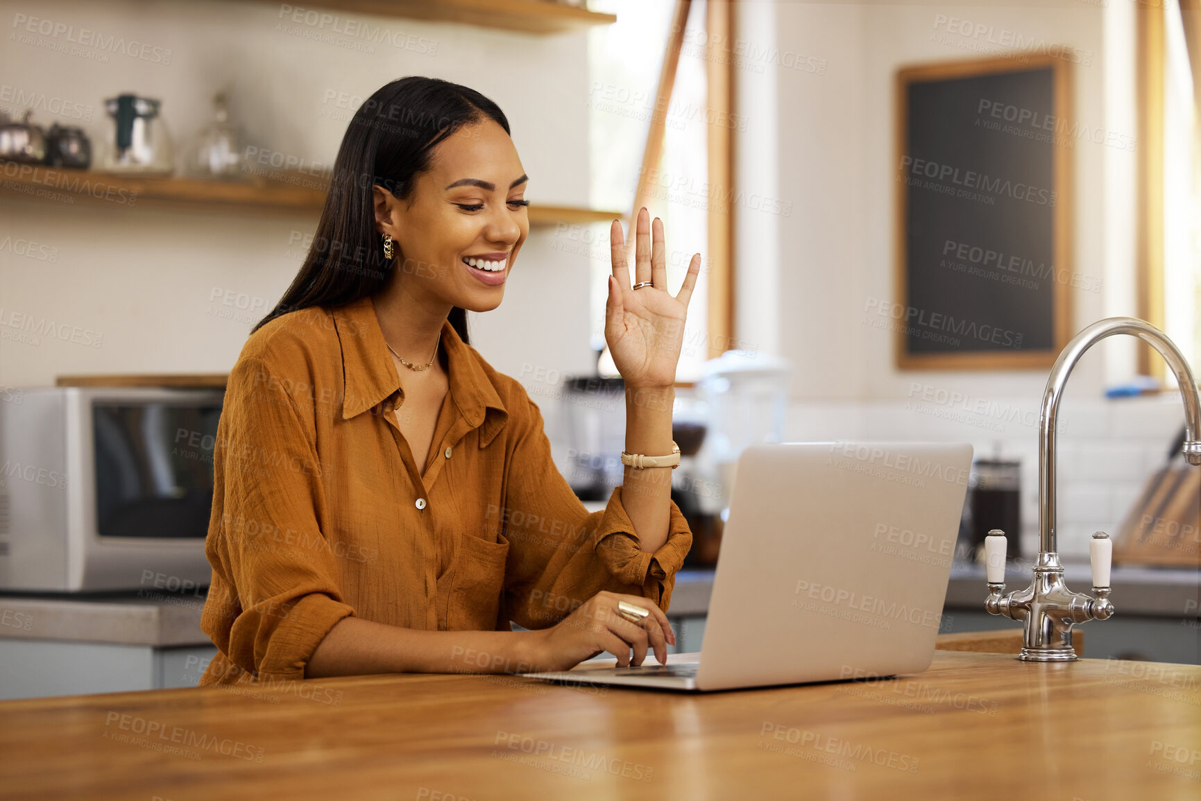 Buy stock photo Video call, remote work and woman with hello on laptop in virtual meeting, strategy and planning at home. Freelance, business and girl wave for seminar, online discussion and conversation on computer