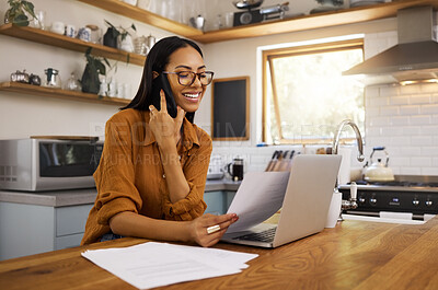 Buy stock photo Woman, phone call and working from home with laptop, paperwork and communication with technology. Happy female employee, remote work and networking or telemarketing, sales and telecom with document