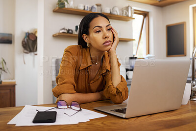 Buy stock photo Woman is tired, bored and remote work with laptop, burnout and overworked with employee with brain fog. Working from home, freelancer and fatigue, connectivity and problem with professional female 