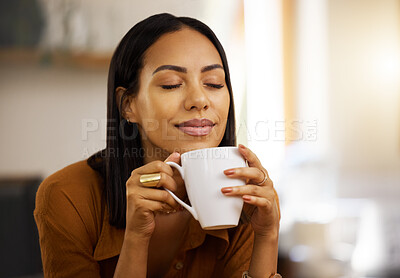 Buy stock photo Happy smile, coffee and woman at home in a kitchen with a hot drink feeling relax and calm in the morning. Happiness, zen and young female in a house holding tea and mug in a household with mockup