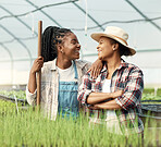 Happy farmers laughing and talking. Cheerful farmers working together in a greenhouse. African american colleagues working on a farm. Farmers collaborating, working together. Farmers laughing.