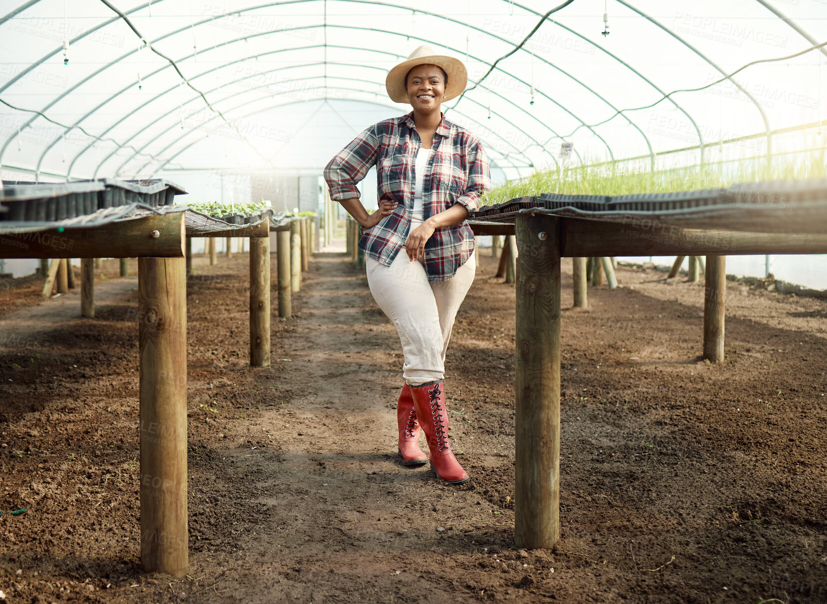 Buy stock photo Full body of young farmer in a garden. Portrait of a proud farmer in her greenhouse. Happy african american farmer. Young farmer standing in her garden. Farm employee standing in a nursery