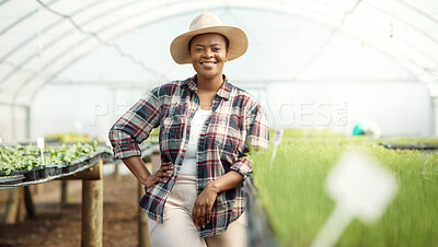 Buy stock photo Portrait of a happy farmer in a garden. Young farmer standing in a greenhouse. African american farmer working in her garden. Proud farmer standing in her farm greenhouse