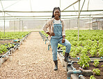 Happy farmer in her greenhouse. Proud farmer standing in her garden. African american farmer in her plant nursery. Portrait of smiling young farmer. Confident farmer standing by her crops