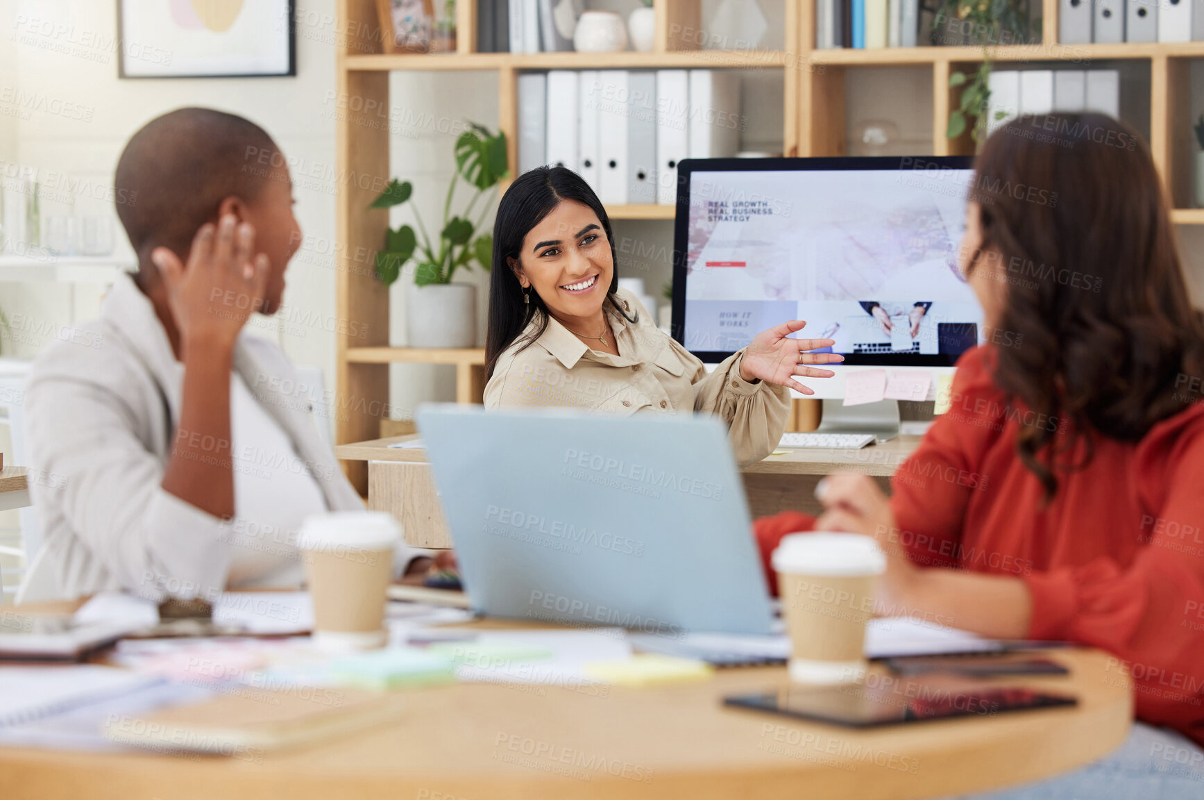 Buy stock photo Office, business women and team at startup company, talking and productive in coworking space. Diversity, corporate and female group together for discussion, planning and planning online proposal