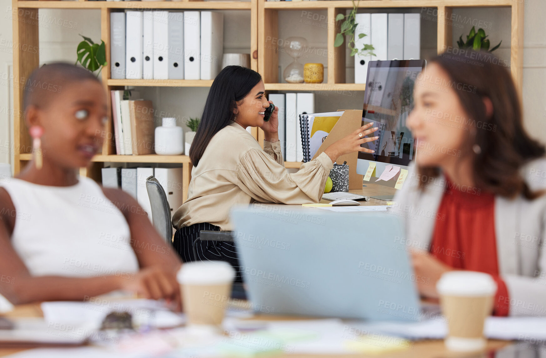 Buy stock photo Business women, office and team at startup company, talking and productive in coworking space. Diversity, corporate and female group together for discussion, planning and planning online proposal