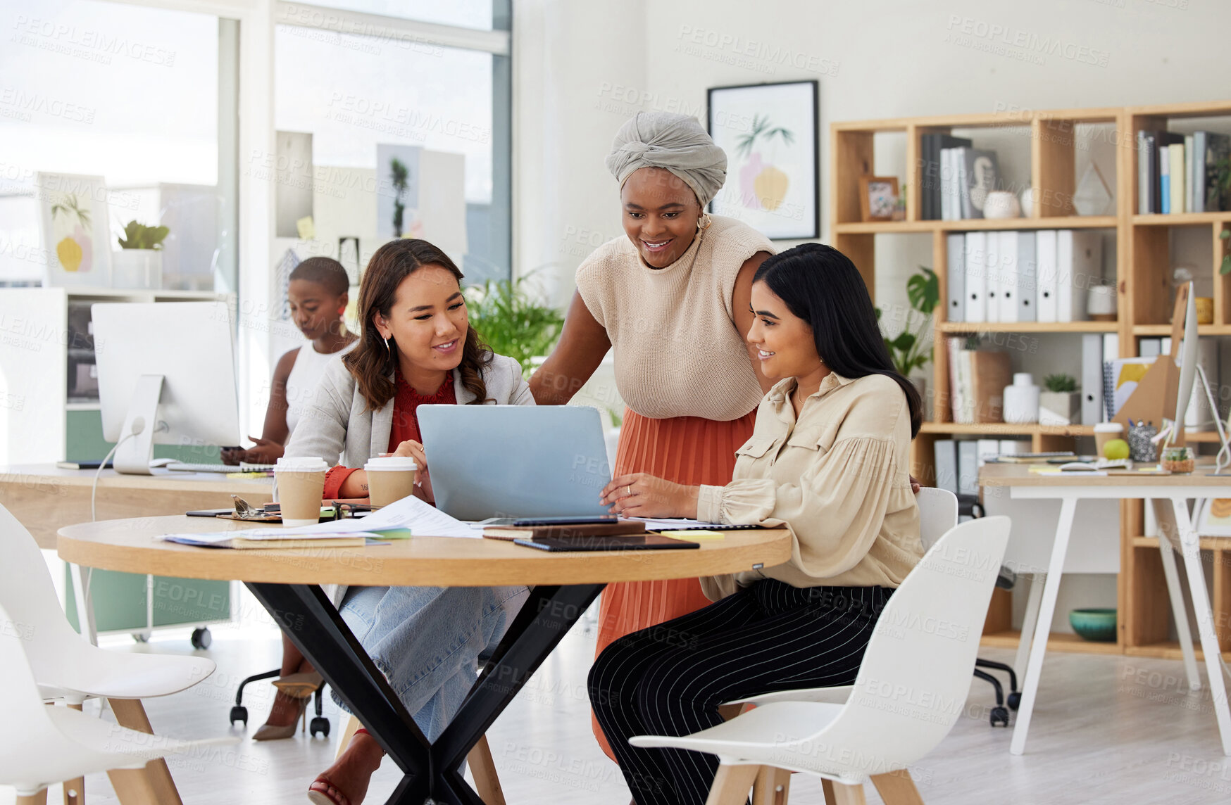 Buy stock photo Business women, laptop and diversity collaboration of a web analytics group in a office. Teamwork, solidarity and online logistics of female staff in a meeting with website statistics and data