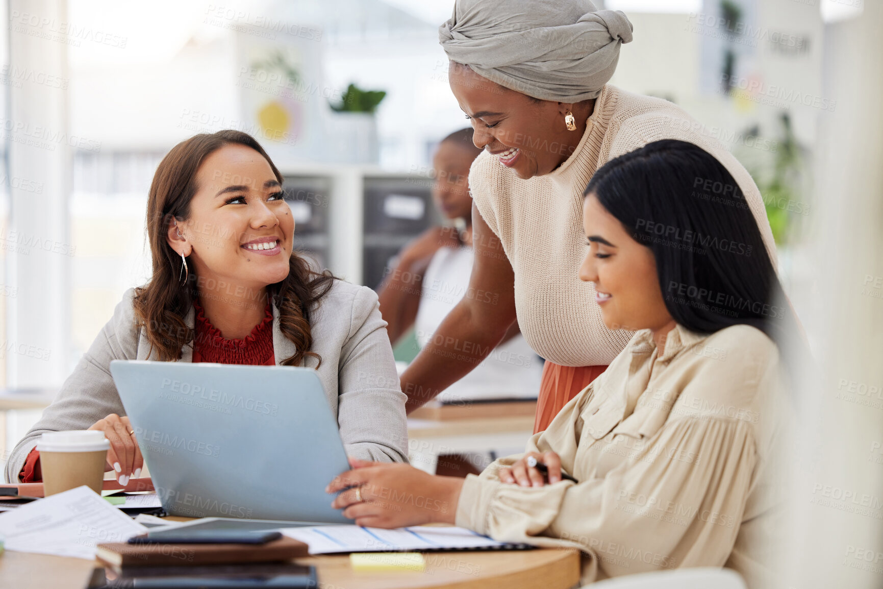 Buy stock photo Business women, diversity and laptop collaboration of a web analytics group in a office. Teamwork, solidarity and online solution of female staff in a meeting with website statistics and data