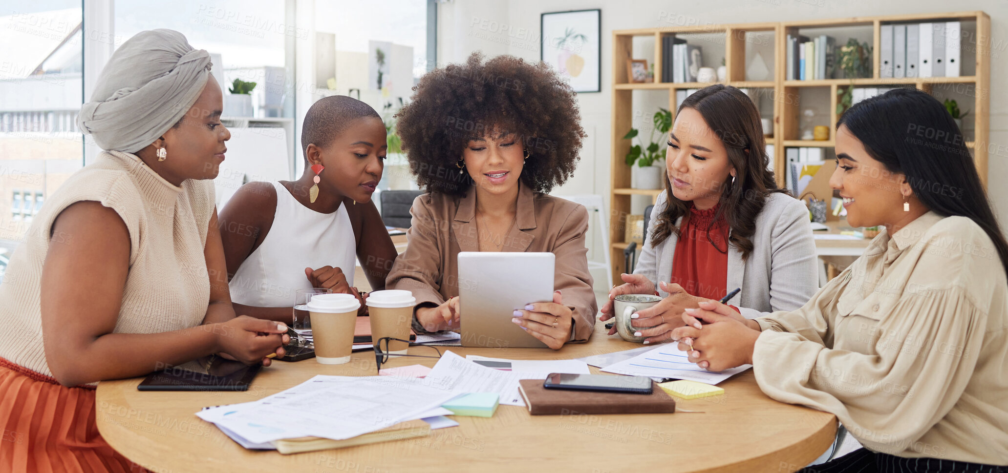 Buy stock photo Teamwork, meeting and business women with tablet in office for brainstorming, discussion or planning. Technology, cooperation and group of people or employees with touchscreen for marketing strategy.