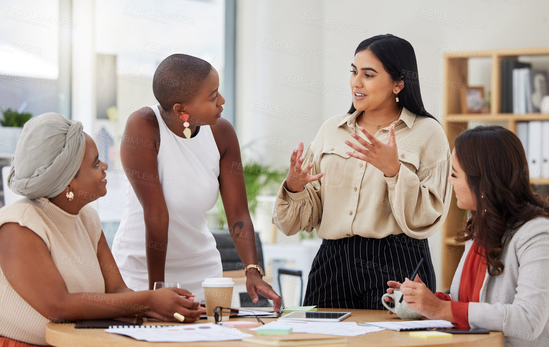 Buy stock photo Diverse group, teamwork and young business women brainstorming, collaboration or cooperation. Ambitious confident professional team of colleagues talking and planning a marketing strategy together