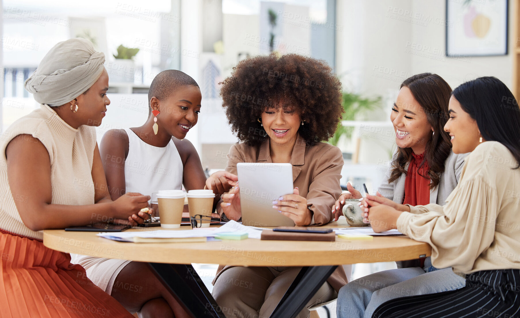 Buy stock photo Teamwork, meeting and business women with tablet in office for brainstorming, discussion or planning. Leadership, cooperation and group of happy people or employees with touchscreen for strategy.