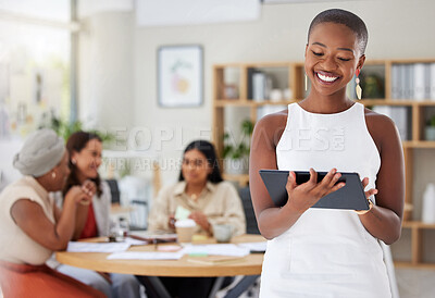 Buy stock photo Black woman, business and tablet, leadership and technology, presentation and speaker with team leader. Happy female, check digital device in meeting with professional mindset and internet search