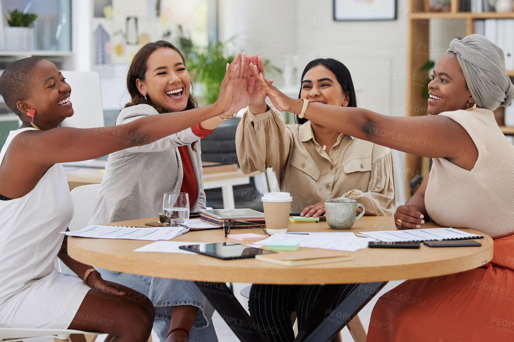 Buy stock photo Teamwork, business women and high five in office for team building, motivation and collaboration. Cooperation, celebration and group of happy people or staff celebrating goals, targets or achievement