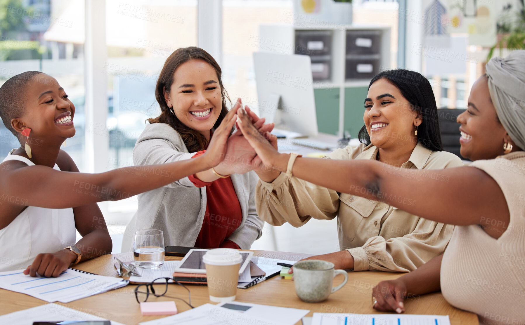 Buy stock photo Teamwork, business women and high five in office for team building, motivation and collaboration. Cooperation, celebration and group of happy people or staff celebrating goals, success or achievement